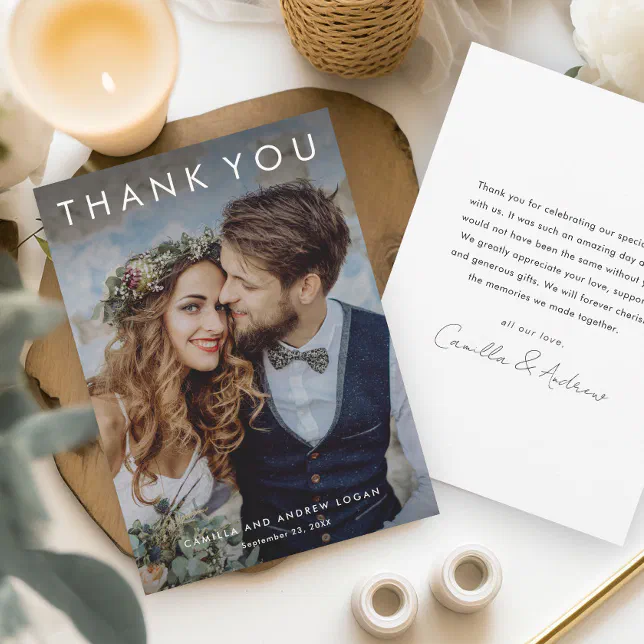 Simple Typographic Modern Photo Wedding Thank You Card | Zazzle