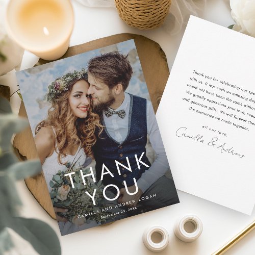 Simple Typographic Modern Photo Wedding  Thank You Card