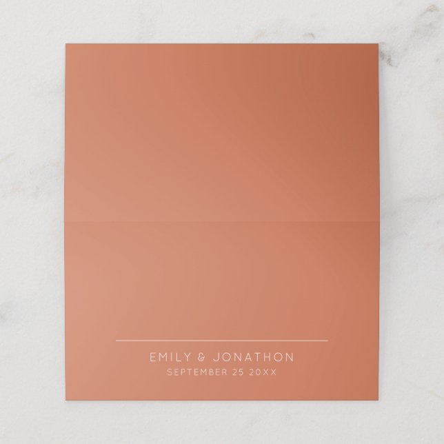 Simple Typographical Names Date Terracotta Wedding Place Card (Outside Unfolded)