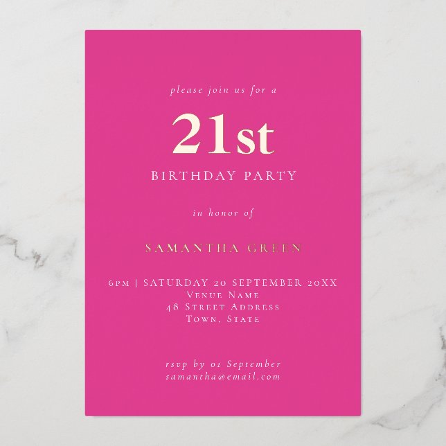 Simple Typography 21st Birthday Hot Pink Foil Invitation (Front)