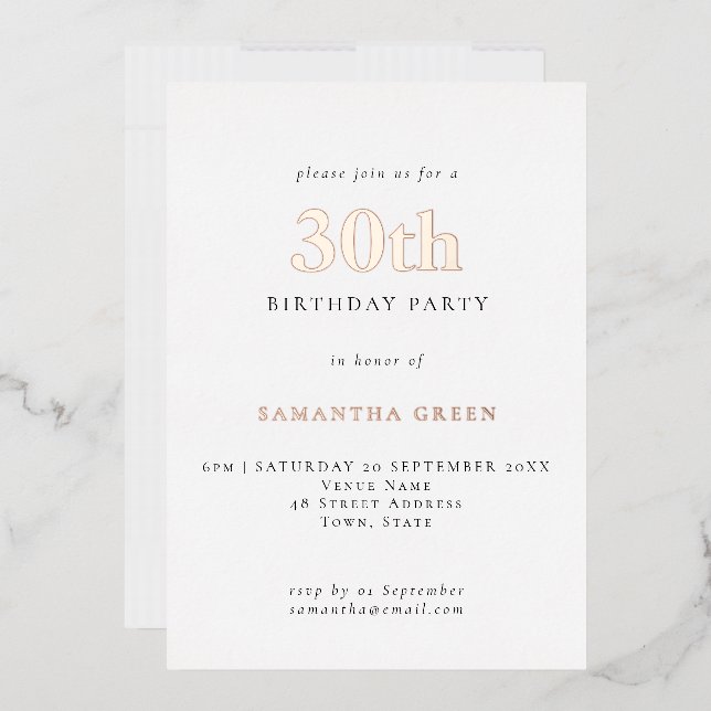 Simple Typography 30th Birthday Rose Gold Foil Invitation (Envelope)