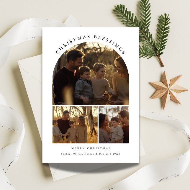 Simple Typography Arch 3 Photo Christmas Blessings Holiday Card (Creator Uploaded)