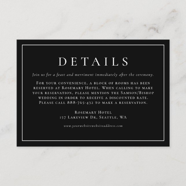 Simple Typography Black Formal Wedding Details Enclosure Card (Front)