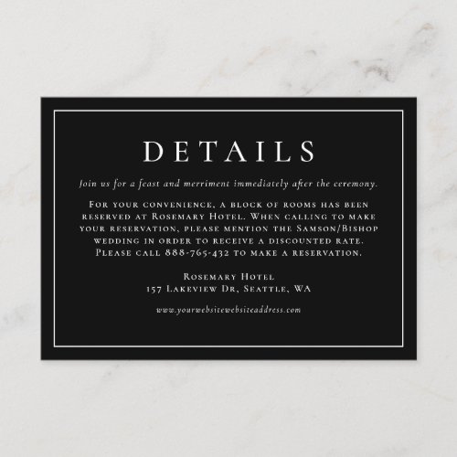 Simple Typography Black Formal Wedding Details Enclosure Card