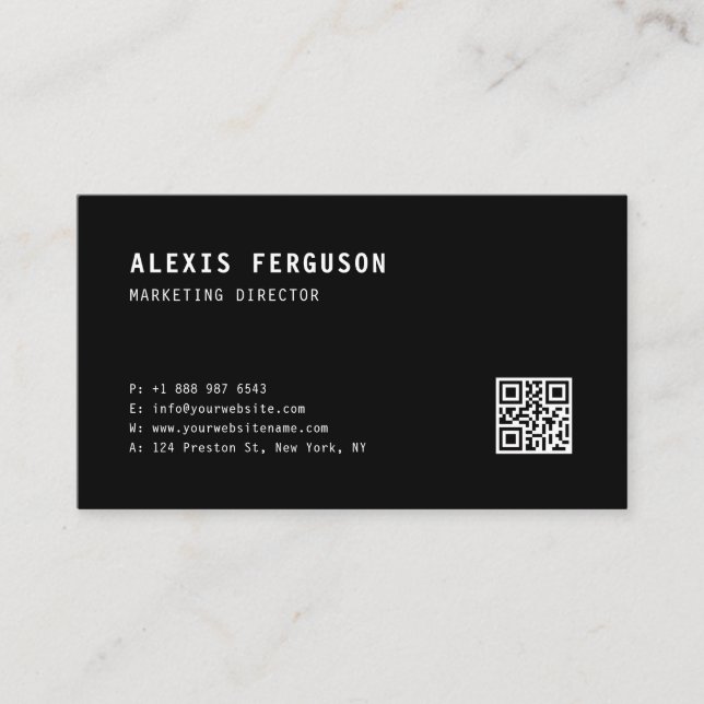 Simple Typography Black Minimalist QR Code Business Card (Front)