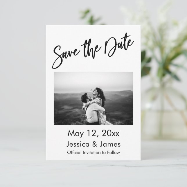Simple Typography Black & White with Photo Save The Date (Standing Front)