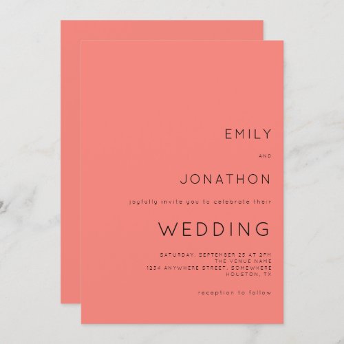 Simple typography Custom Coral Rose Pink Wedding Invitation