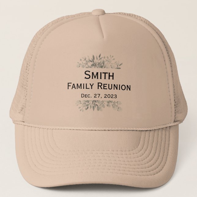 SIMPLE TYPOGRAPHY CUSTOM FAMILY REUNION FLORAL TRUCKER HAT (Front)