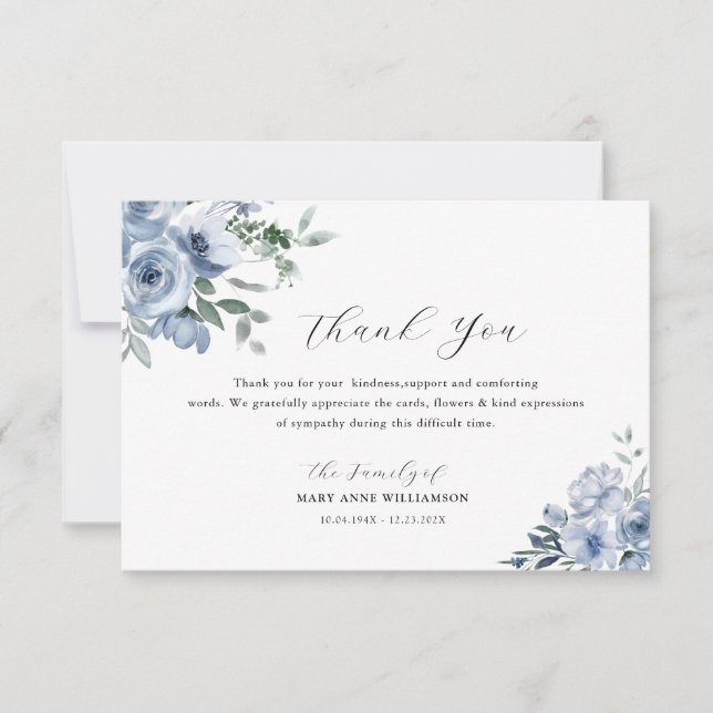 Simple typography dusty blue floral funeral  thank you card (Front)