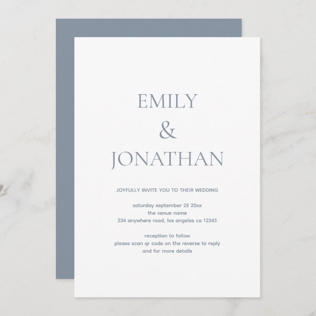 Simple Typography Dusty Blue QR code Wedding Invitation (Front/Back)