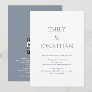 Simple Typography Dusty Blue QR code Wedding Invitation
