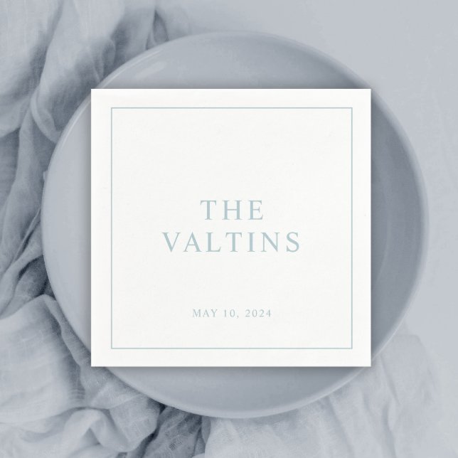 Simple Typography Dusty Blue Wedding Napkins (Simple classic dusty blue couples newlywed wedding reception cocktail napkins.)