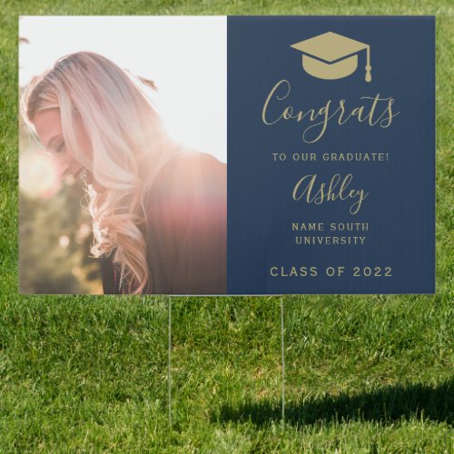 Simple typography gold navy blue photo graduation sign