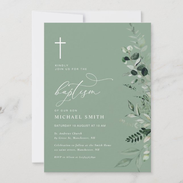 simple typography greenery baptism invitation (Front)