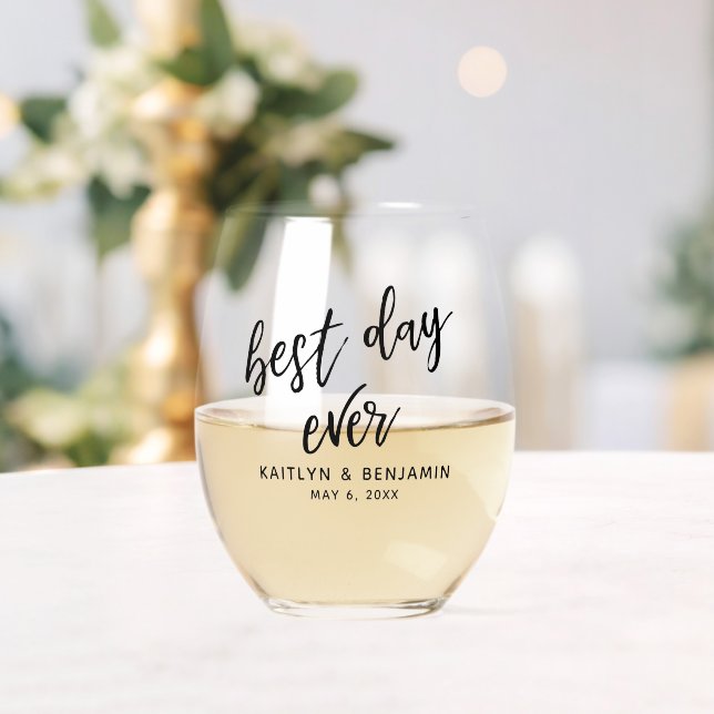 Simple Typography Handwriting Best Day Ever Stemless Wine Glass (Insitu (Wedding))