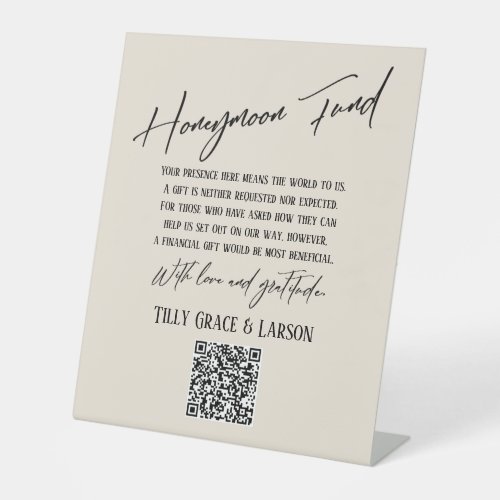 Simple Typography Honeymoon Fund QR Code Cream Pedestal Sign