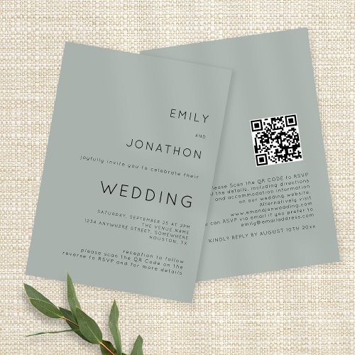 Simple Typography  Light Sage QR Code Wedding Invitation