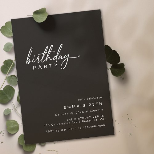 Simple Typography  Modern Black Birthday Party Invitation