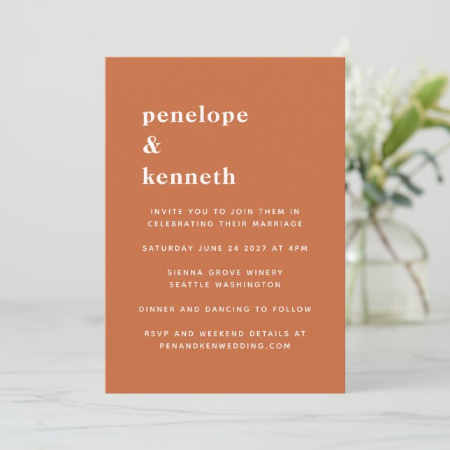 Simple Typography Modern Burnt Orange Wedding Invitation (Standing Front)