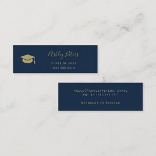 Simple typography navy blue gold cap graduation mini business card