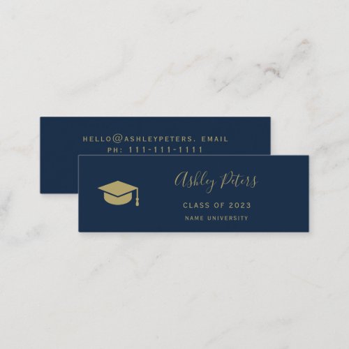 Simple typography navy blue gold cap graduation mini business card