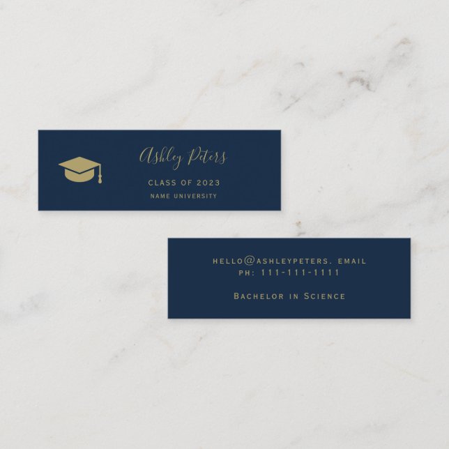 Simple typography navy blue gold cap graduation mini business card (Front/Back)