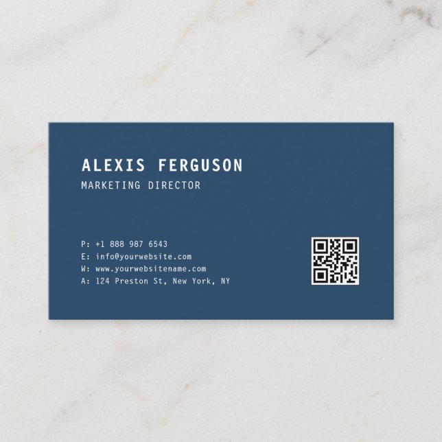 Simple Typography Navy Blue Minimalist QR Code Business Card (Front)