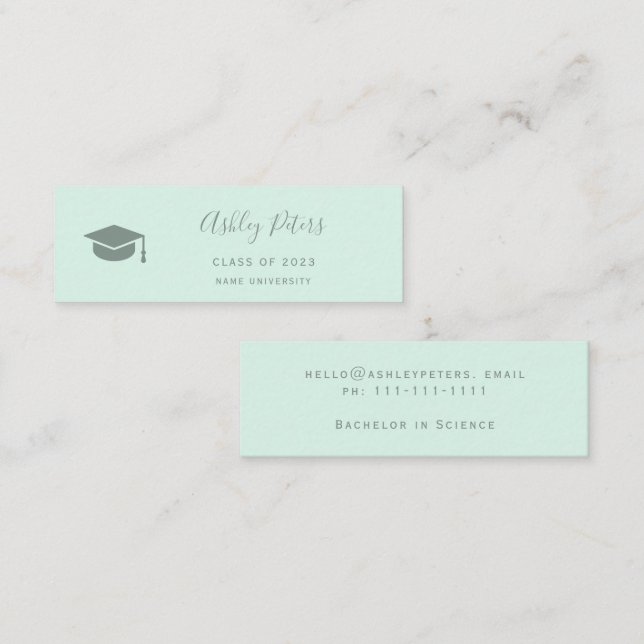 Simple typography pastel mint green graduation mini business card (Front/Back)
