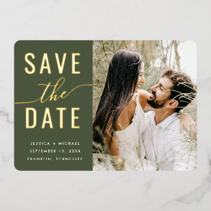 Simple Typography Photo Olive Green Wedding Foil Invitation