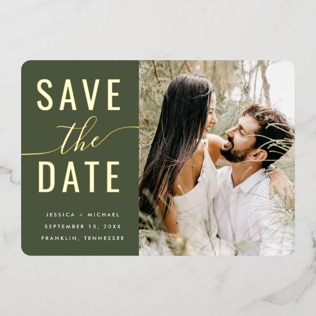 Simple Typography Photo Olive Green Wedding Foil Invitation (Front)