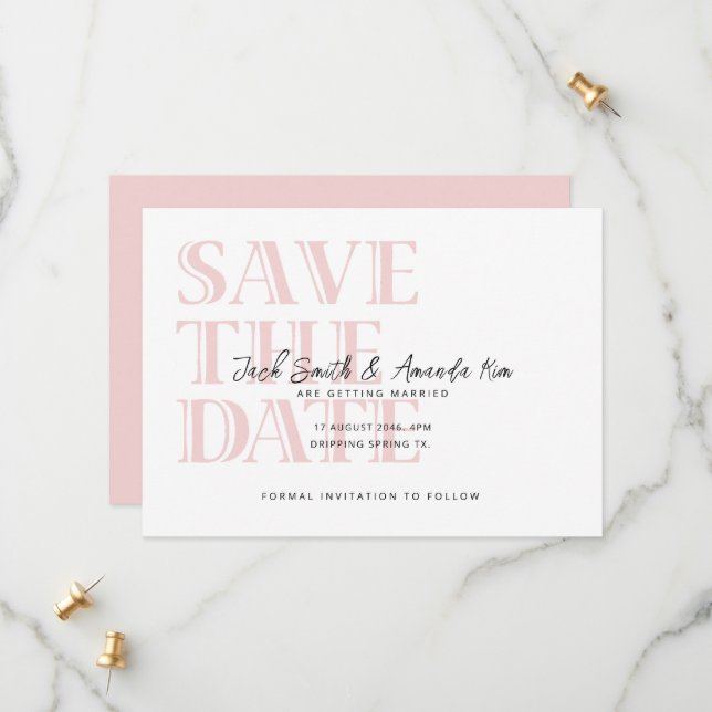 Simple Typography Pink Flat Save The Date Card (Front/Back In Situ)