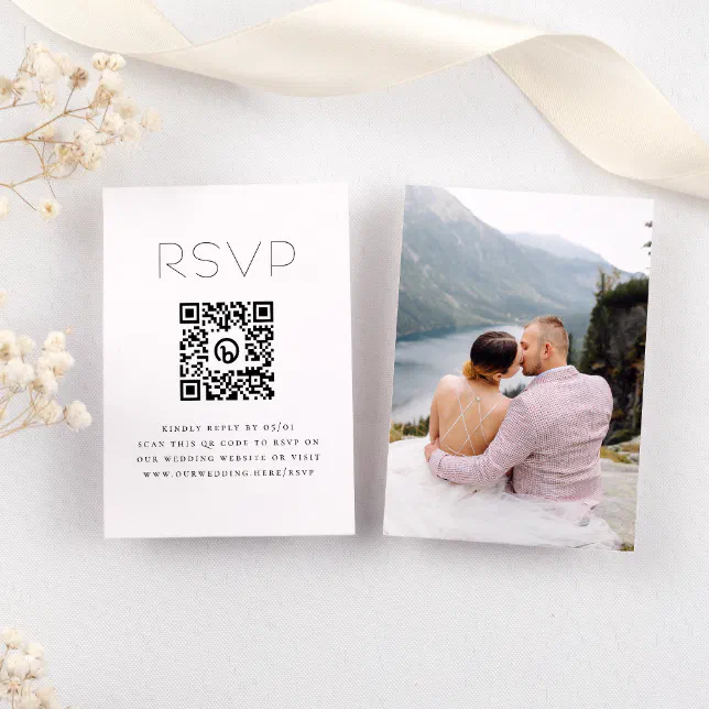 Simple Typography QR Code Photo Wedding RSVP Enclosure Card | Zazzle