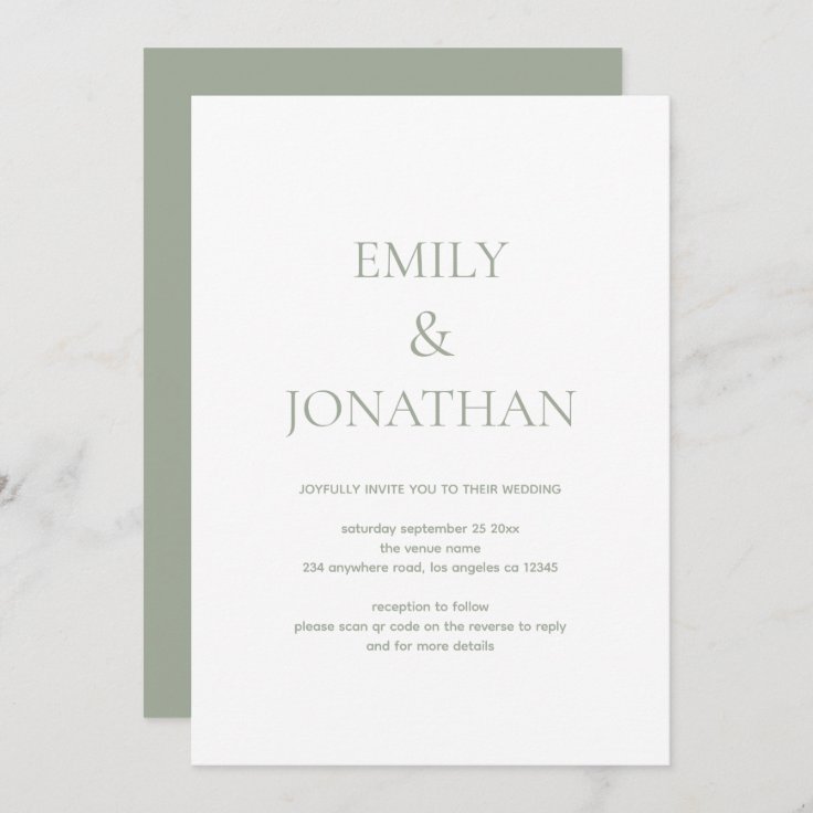 Simple Typography Sage Green QR code Wedding Invitation | Zazzle