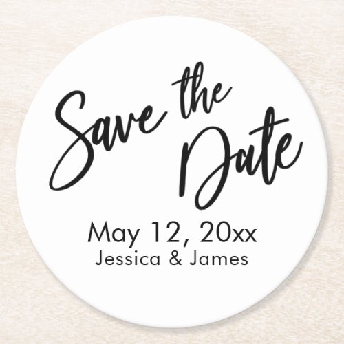 Simple Typography Save the Date Black  White Round Paper Coaster