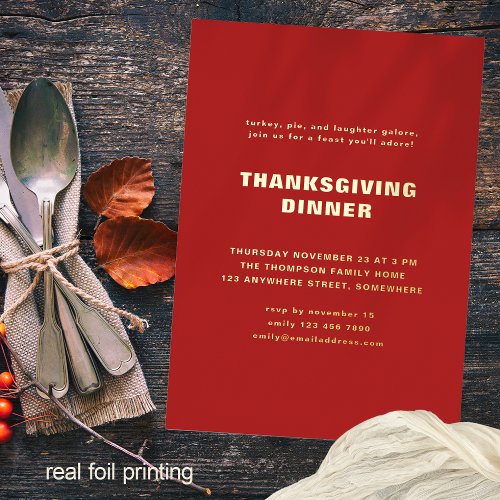 Simple Typography Thanksgiving Dinner Red Real Foil Invitation