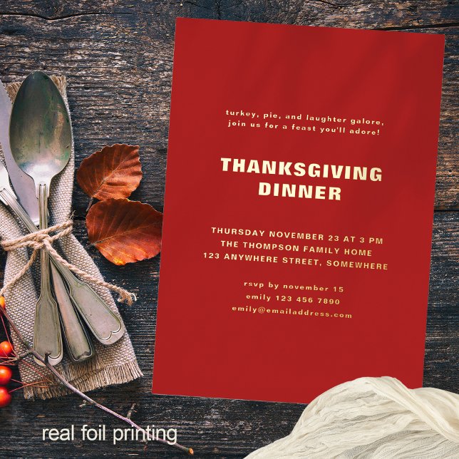 Simple Typography Thanksgiving Dinner Red Real Foil Invitation (Creator Uploaded)