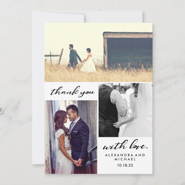 Simple Typography | Three Photo Wedding Thank You Card (Front)