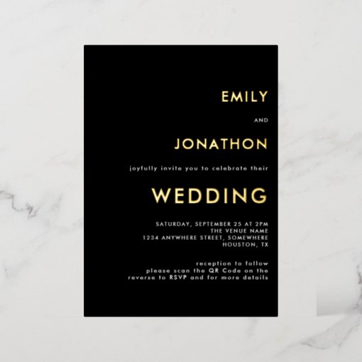 Simple Typography Wedding Black Gold Real Foil Invitation | Zazzle