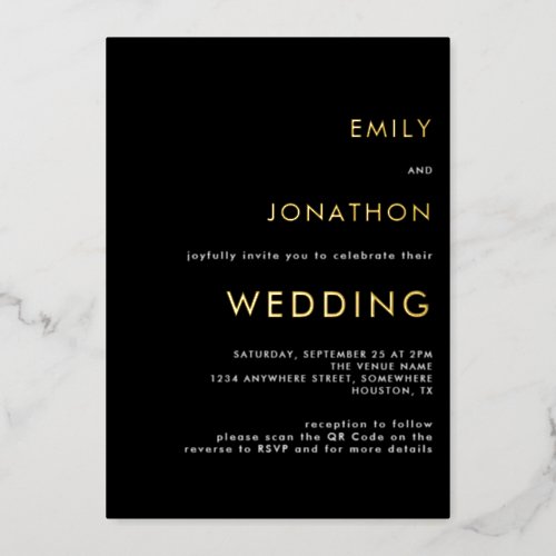 Simple Typography Wedding Black Gold Real Foil Invitation