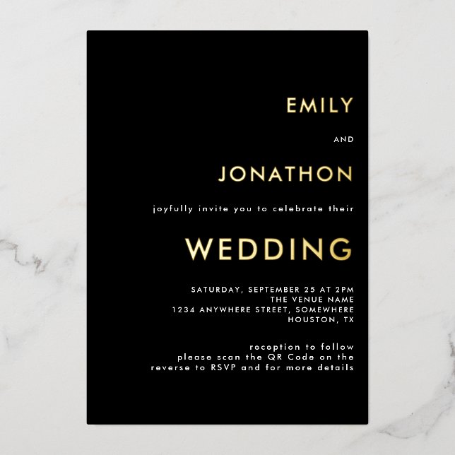 Simple Typography Wedding Black Gold Real Foil Invitation (Front)