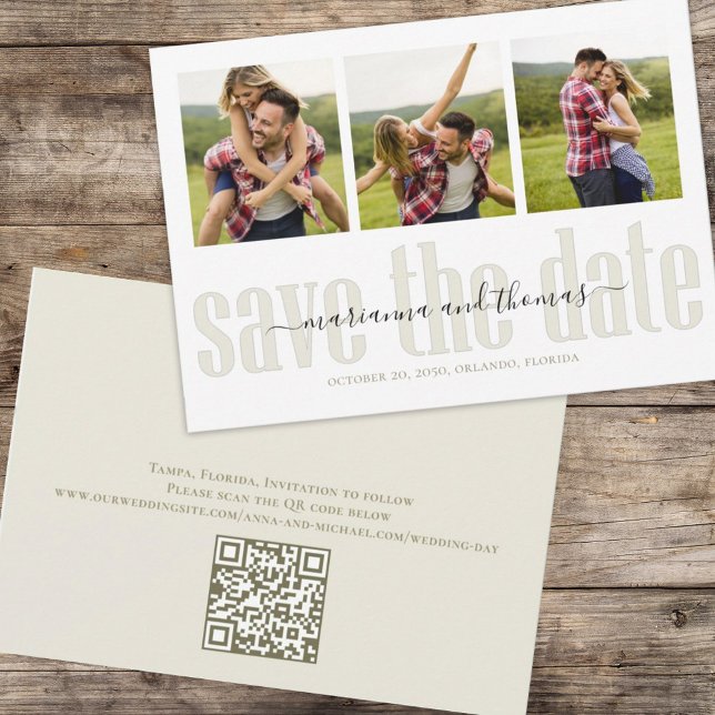 Simple Typography Wedding Save the Date Photo (Simple wedding save the date photo card with three photo template and QR Code )
