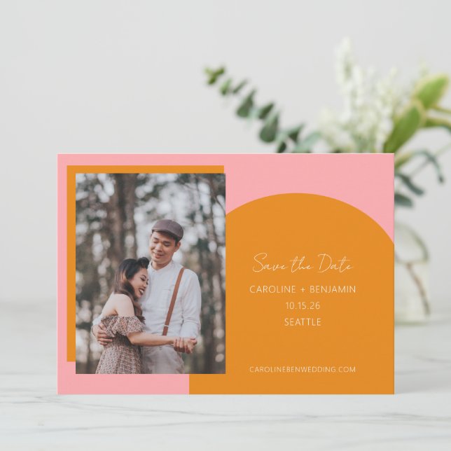 Simple Unique Modern Geometric Pink Orange Photo Save The Date (Standing Front)