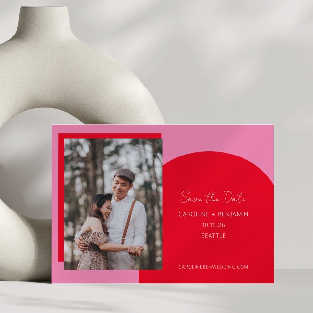Simple Unique Modern Red Pink Geometric Photo Save The Date (Creator Uploaded)