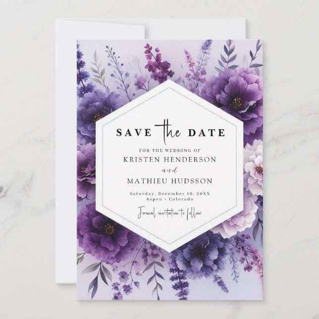 Simple Unique Purple Floral Wedding Save The Date (Front)