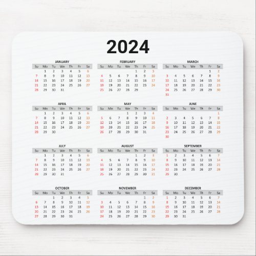 Simple US 2024 Full Year At A Glance Calendar Mouse Pad