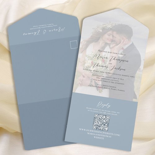 Simple Vellum Photo Overlay Dusty Blue  QR Code  All In One Invitation