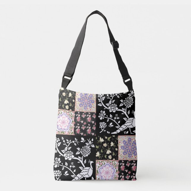 Simple Version Pink Purple and Black Peacocks and  Crossbody Bag (Front)