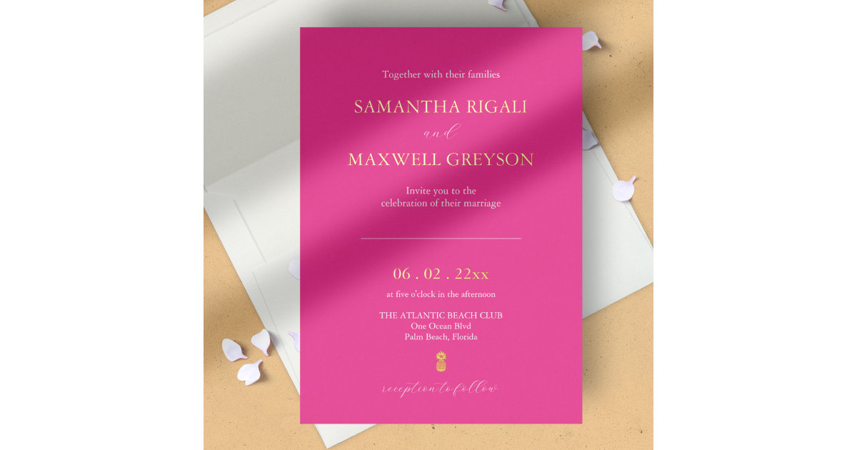 Simple Vibrant Fuchsia Pink Beach Wedding Foil Invitation Zazzle