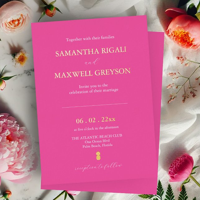 Simple Vibrant Fuchsia Pink Beach Wedding Foil Invitation (Bold wedding invitations vibrant fuchsia pink with gold foil by Do Tell A Belle)