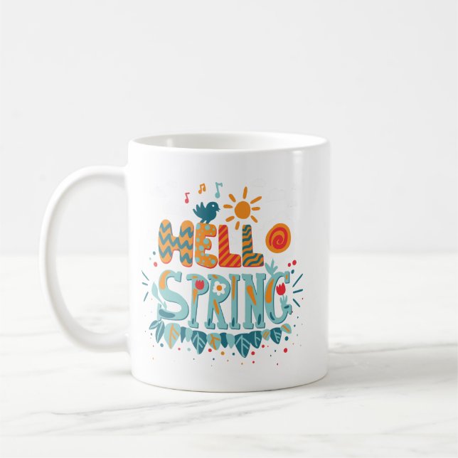Simple Vibrant Hello Spring Flower Leaves Sunshine Coffee Mug (Left)